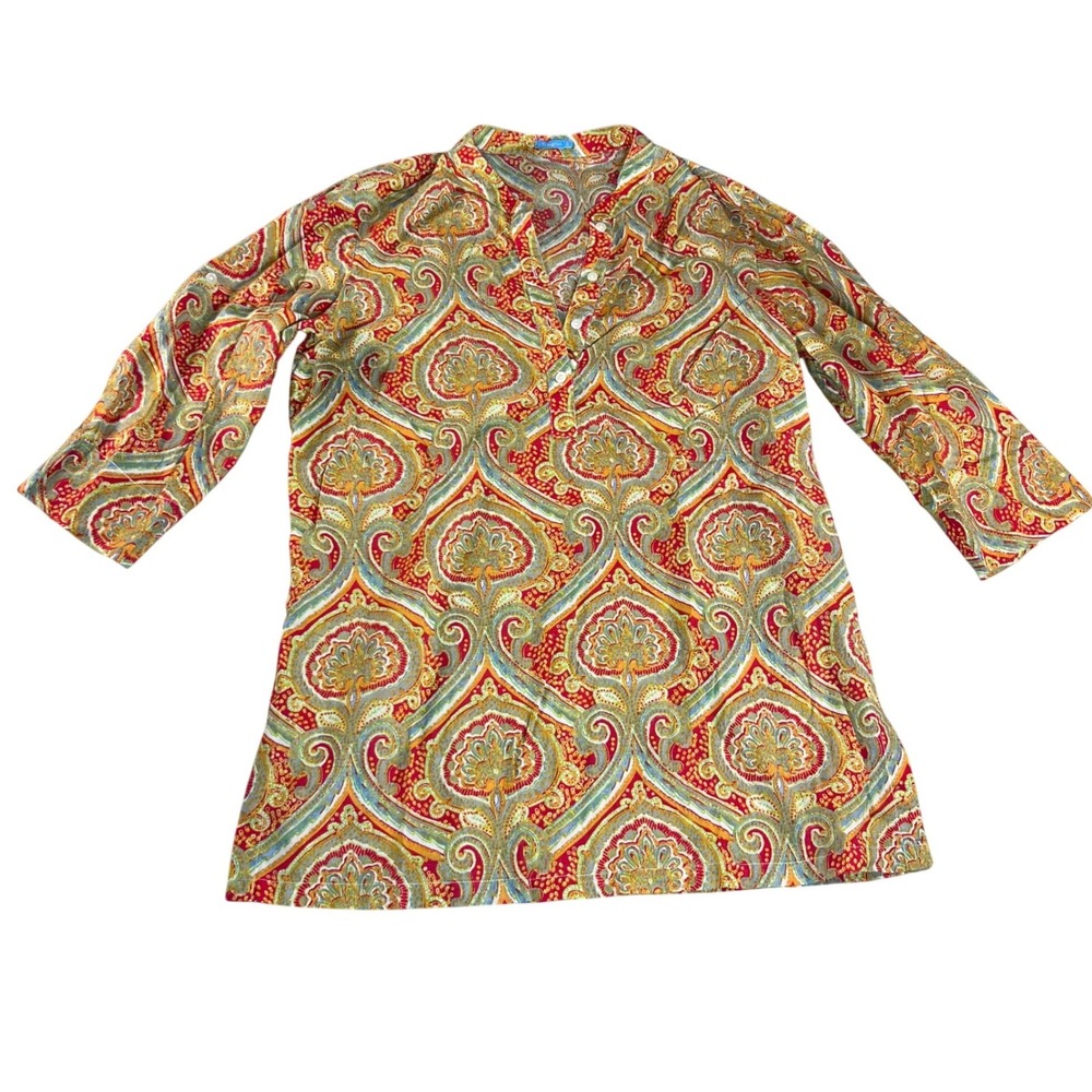 J.McLaughlin Womens XL Red Paisley Cotton 3/4 Roll Tab Sleeve Tunic Blouse Top